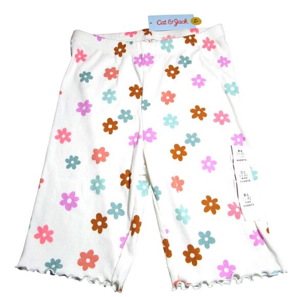 Cat & Jack Girl's Bike Shorts White Daisy Floral Pattern Scalloped Hem Size 14 - Picture 1 of 5